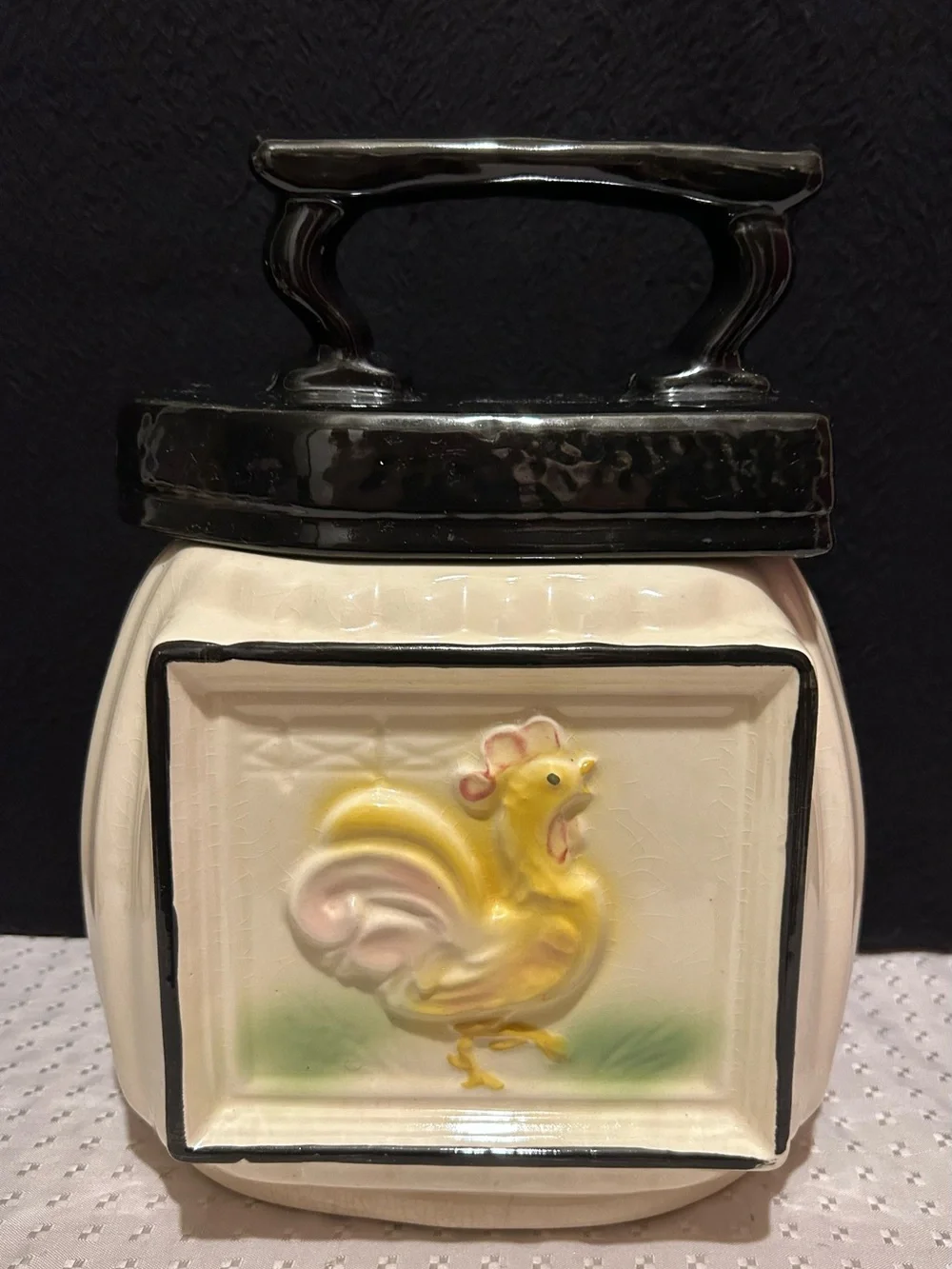 American Bisque Iron on Rooster Cookie Jar. Vintage 1940’s Labled USA